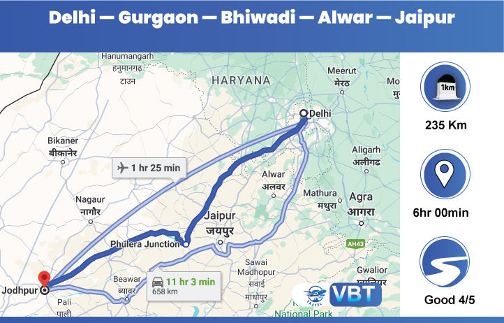 मार्ग 2: एनएच 48 और एनएच 248ए के माध्यम से दिल्ली से जयपुर तक की दूरी और समय​