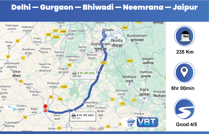 मार्ग 1: एनएच 48 के माध्यम से दिल्ली से जयपुर तक की दूरी और समय​