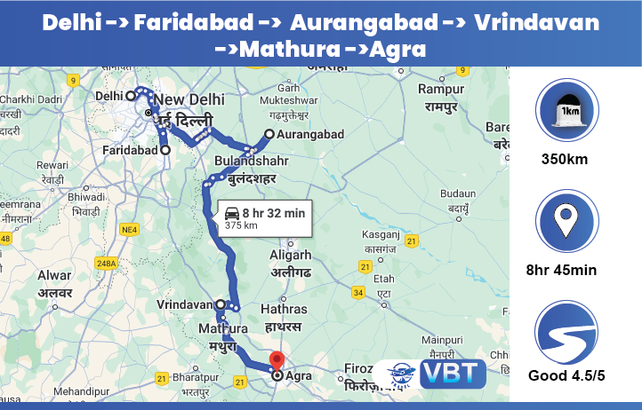 Delhi — Faridabad — Aurangabad — Vrindavan — Mathura — Agra