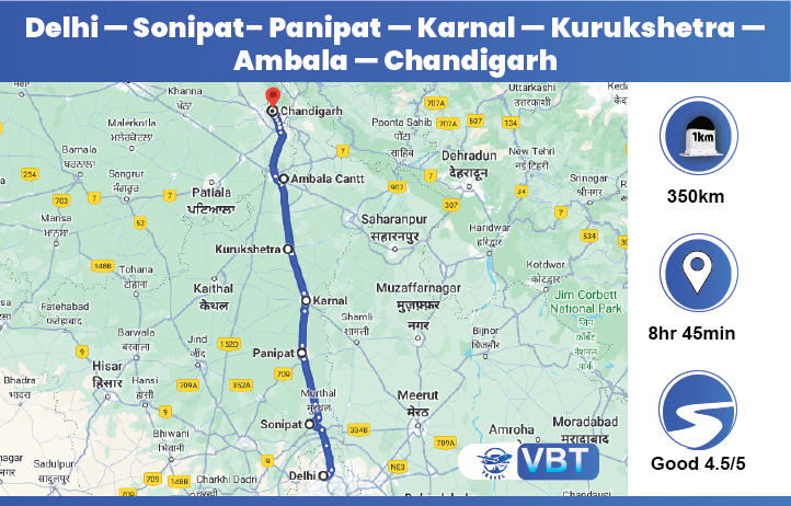 Delhi — Sonipat– Panipat — Karnal — Kurukshetra — Ambala — Chandigarh